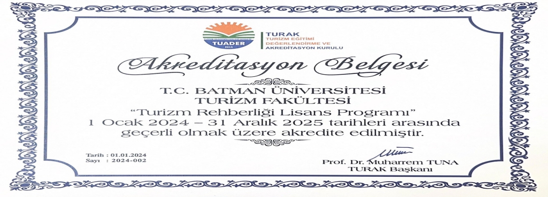 Turizm Rehberliği Bölümü Akreditasyon Belgesi