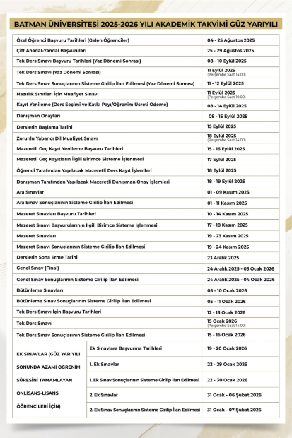 2025-2026 Yılı Akademik Takvimi Güz Yarıyılı 